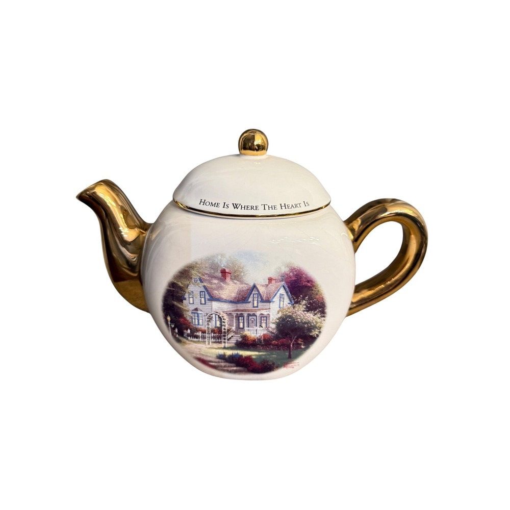 Thomas Kinkade Teleflora Teapot Home Is Where The Heart Is II Gold Trim Ceramic